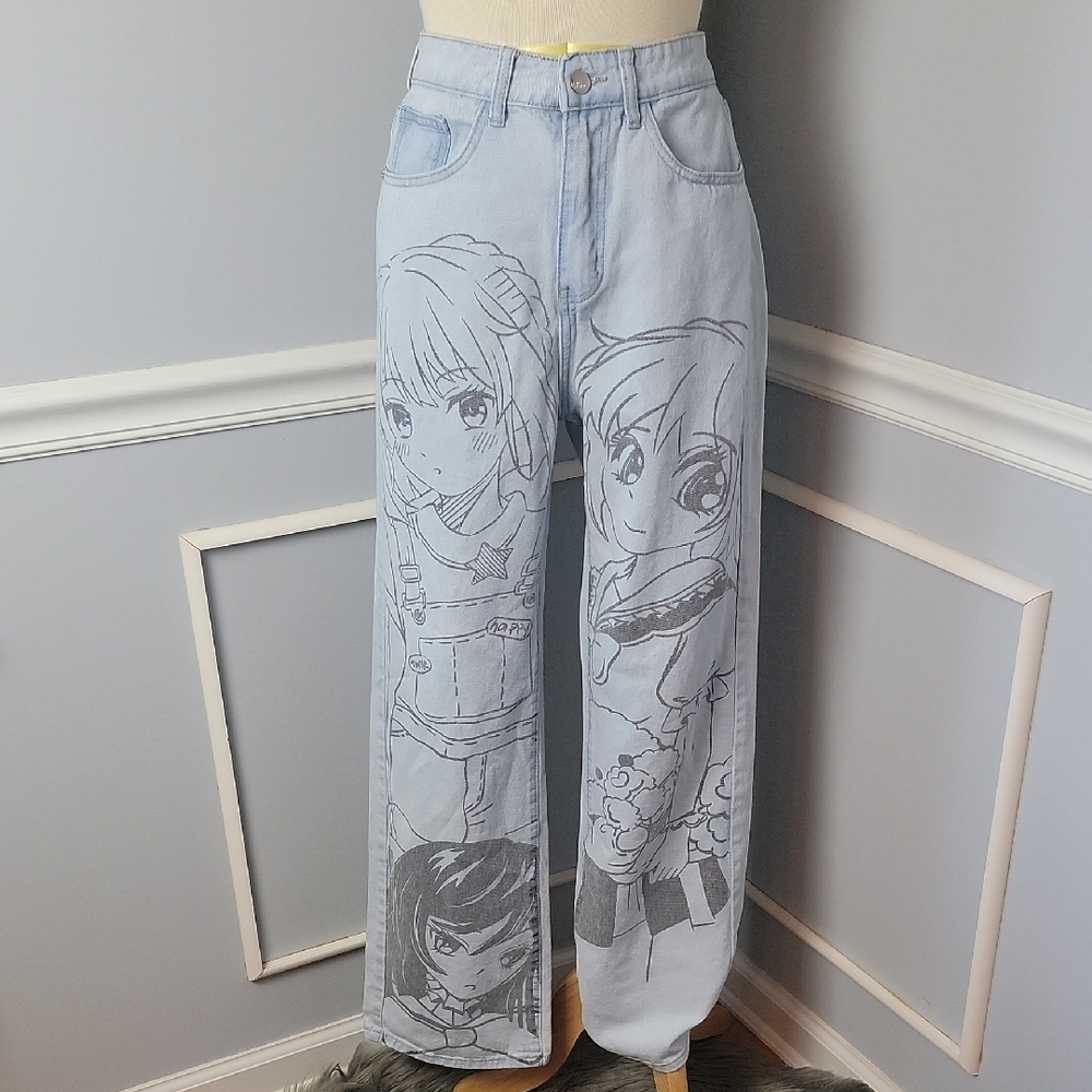 ROMWE Anime KPOP Light Wash Graphic Printed High Rise Wide Leg Casual Denim Jean